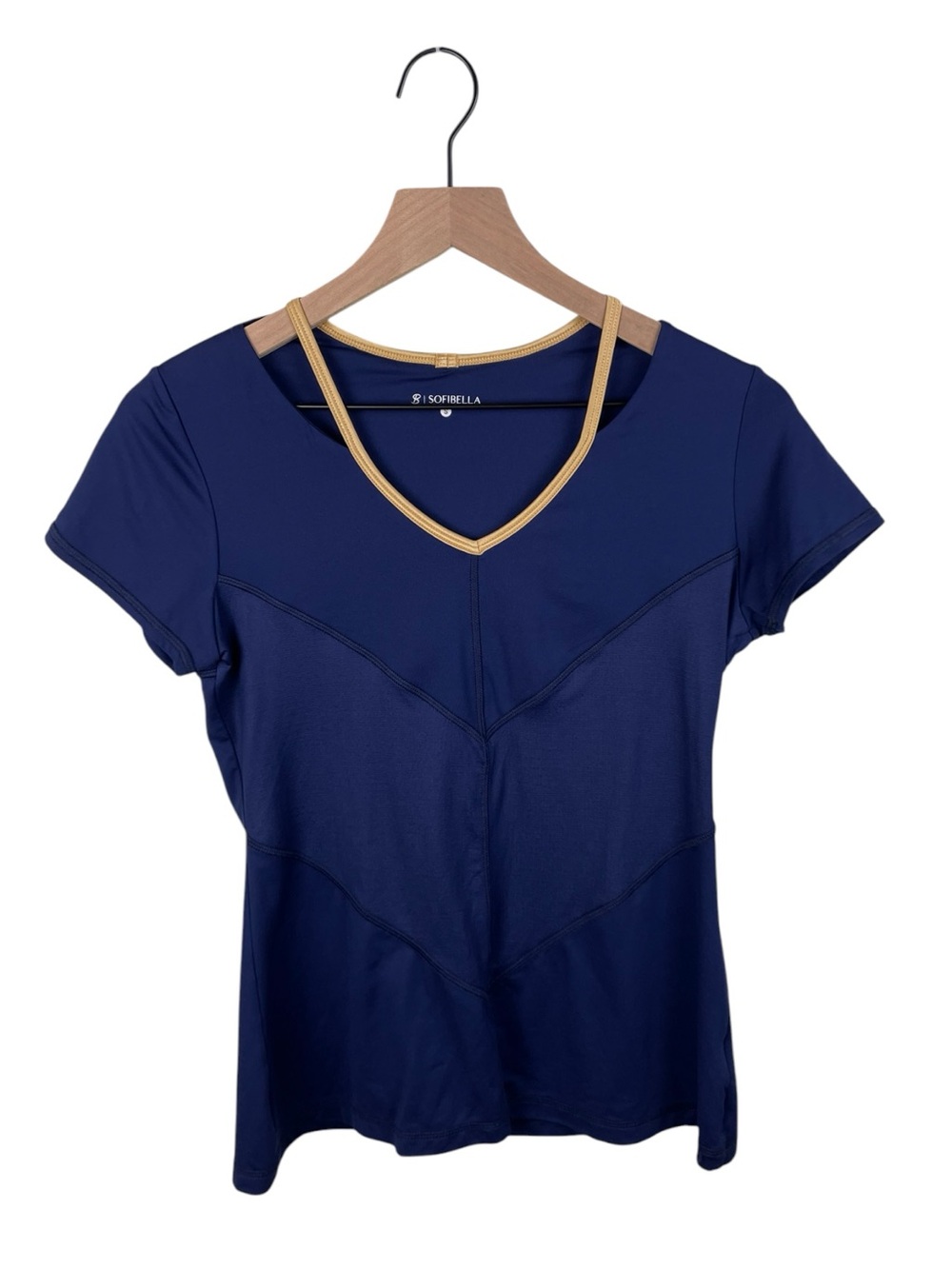 Sofibella Navy Blue Gold Trim Cutout Tennis Top Size Small Short Sleeve Athletic